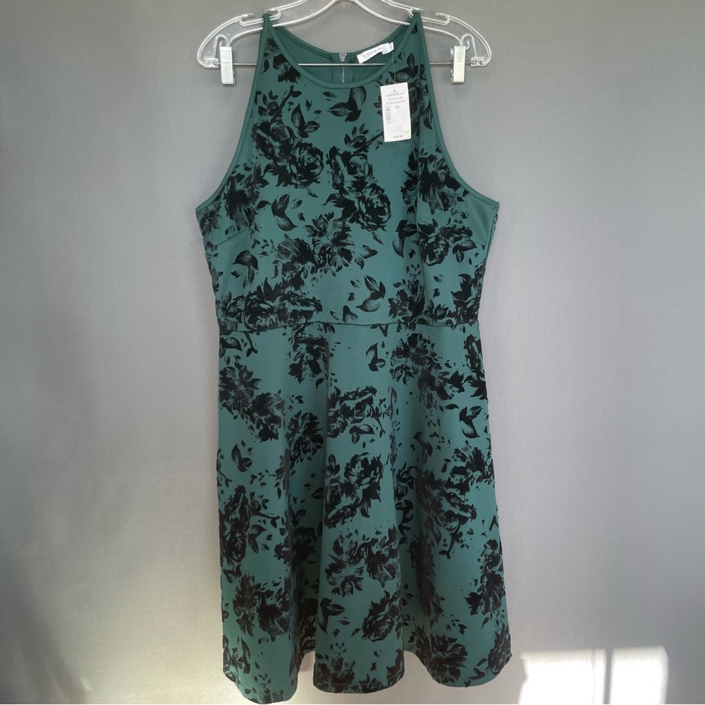 RICKIS size 14 green and black velvety floral midi dress
